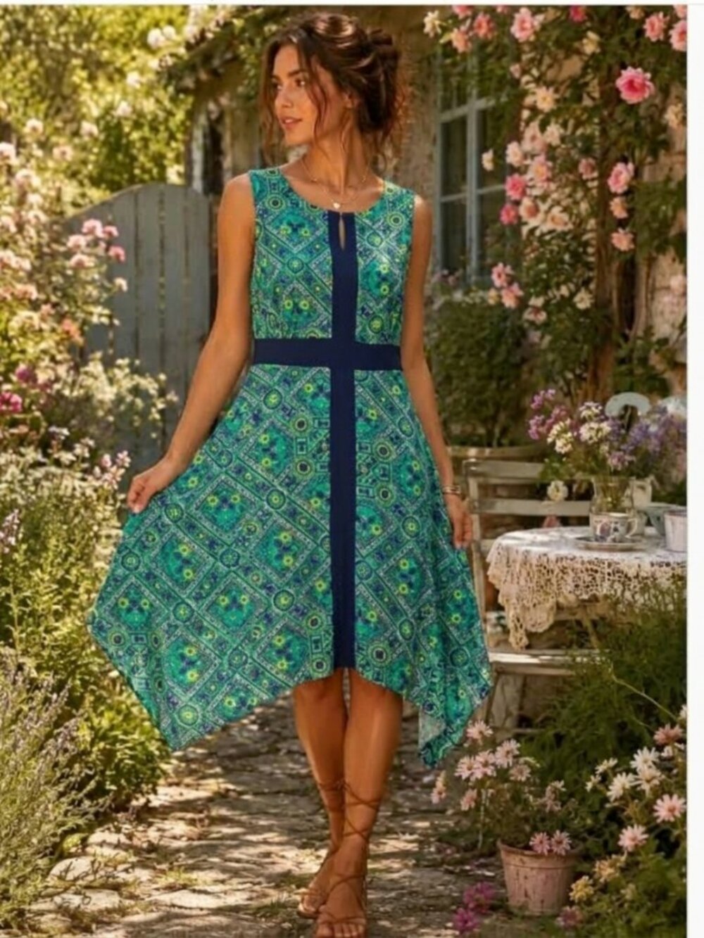 Catherines Geometric Floral Green Sleeveless Plus Size Dress Size 3X